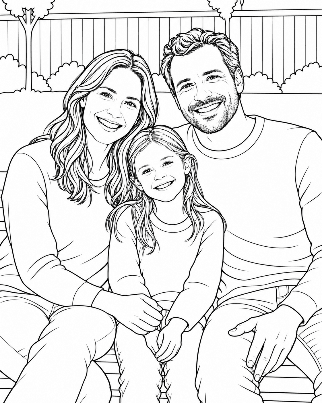 Simplified coloring-page illustration of a family of three smiling together in a garden