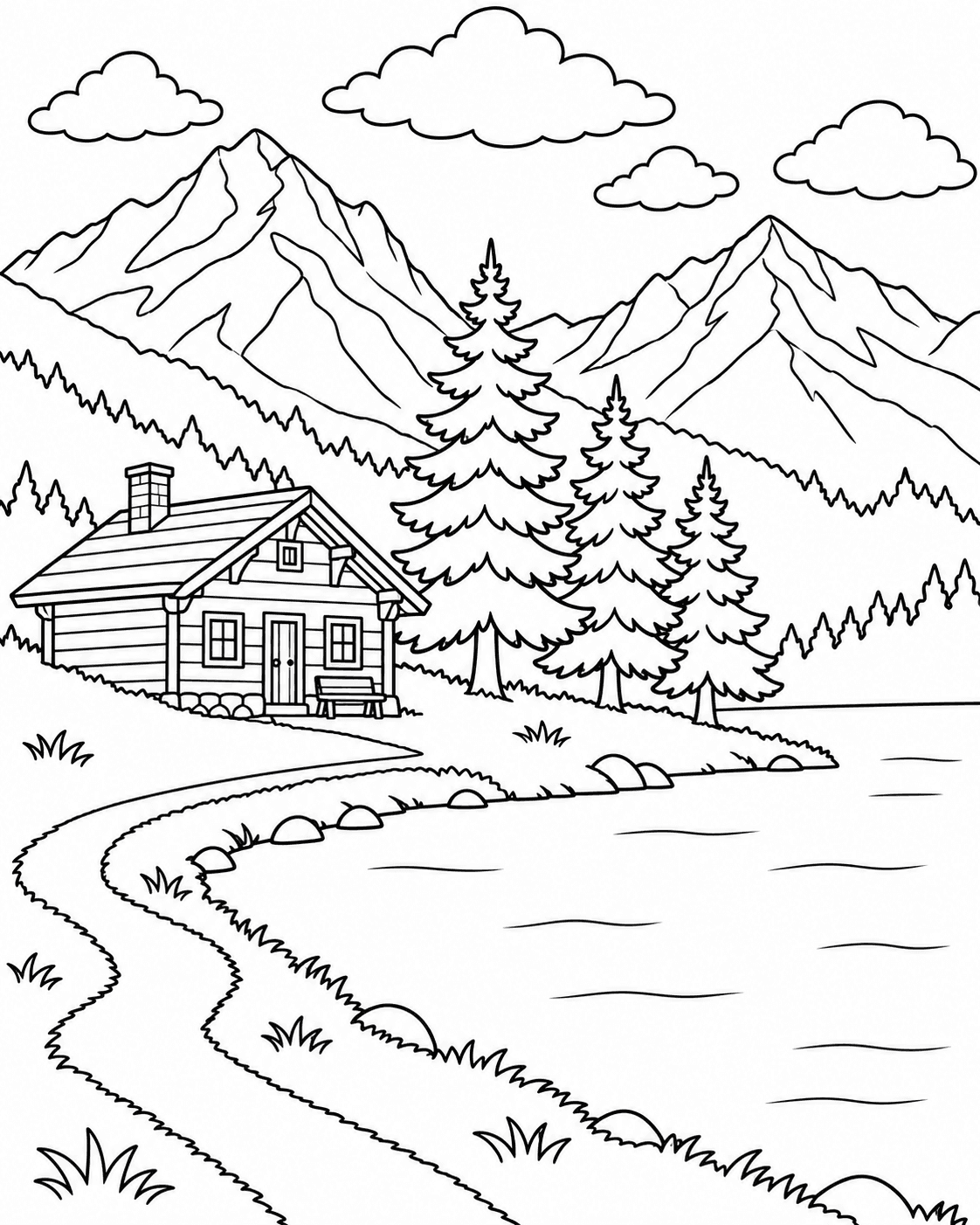 Simplified coloring-page illustration of a colorful cartoon cabin beside an alpine lake and pine trees