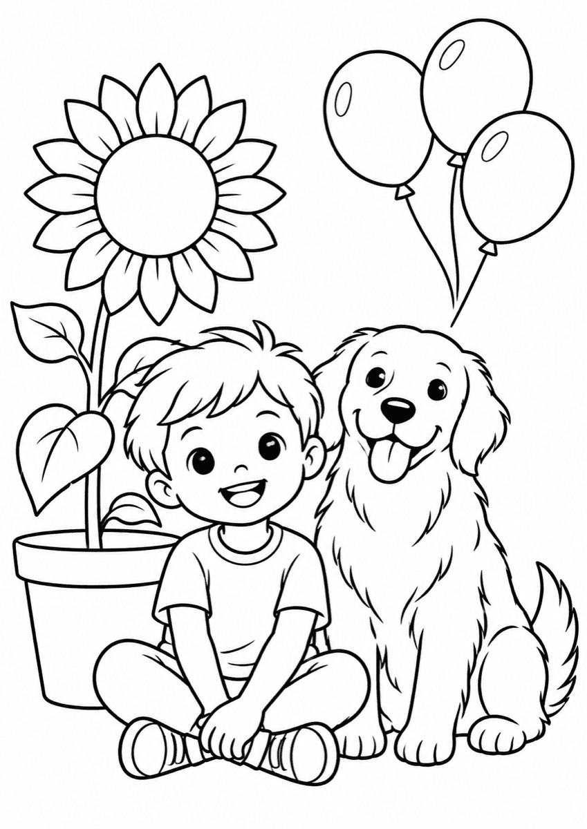 Simple printable coloring page with a child, dog, sunflower, and balloons