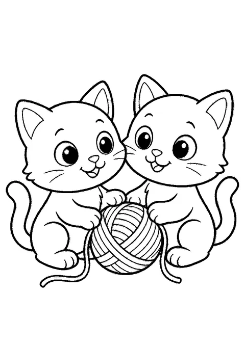 Cat coloring pages — Two kittens playing with yarn