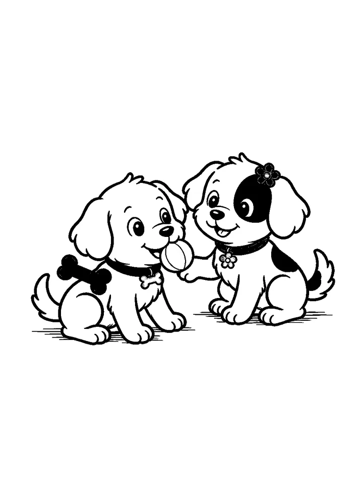 Dog coloring pages — Two puppies playing with a ball