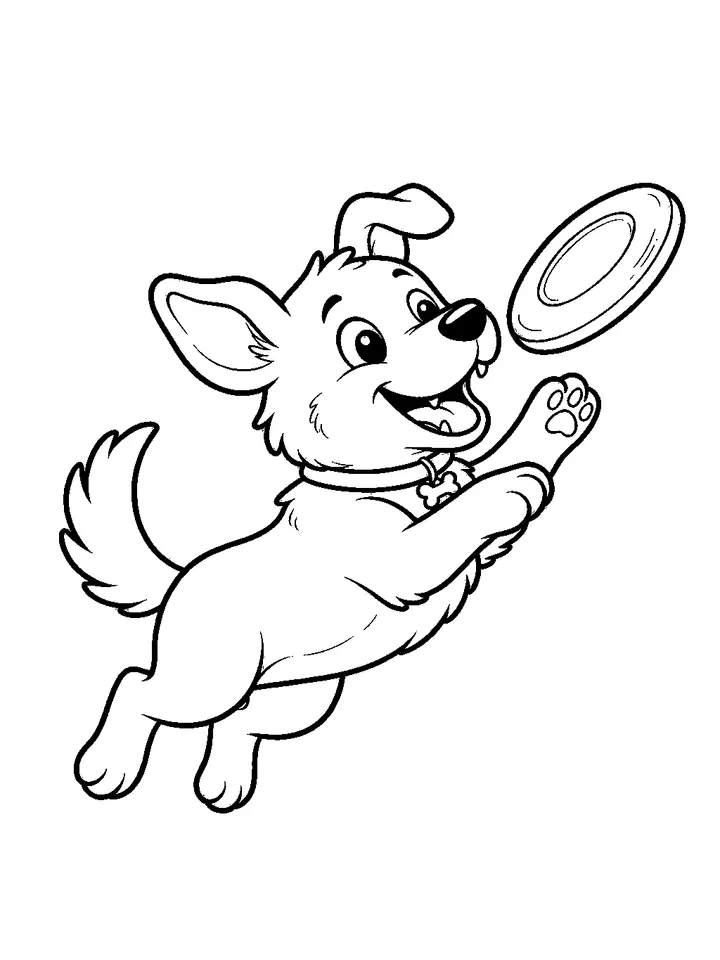 Dog coloring pages — Dog catching a frisbee mid-air