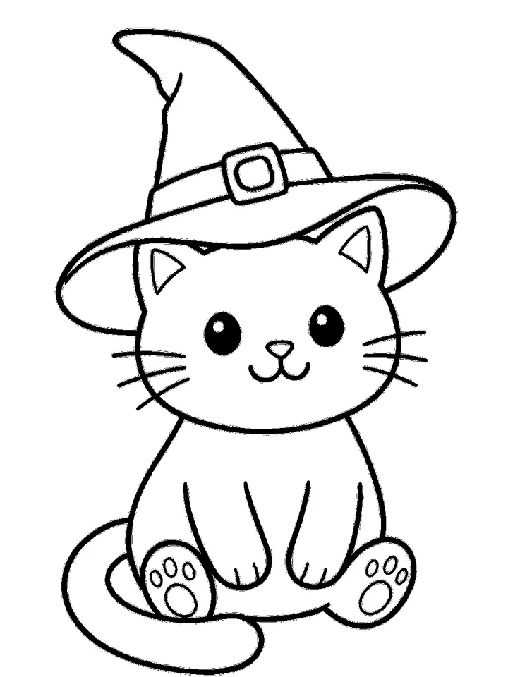 Halloween coloring pages — Black cat wearing a witch hat