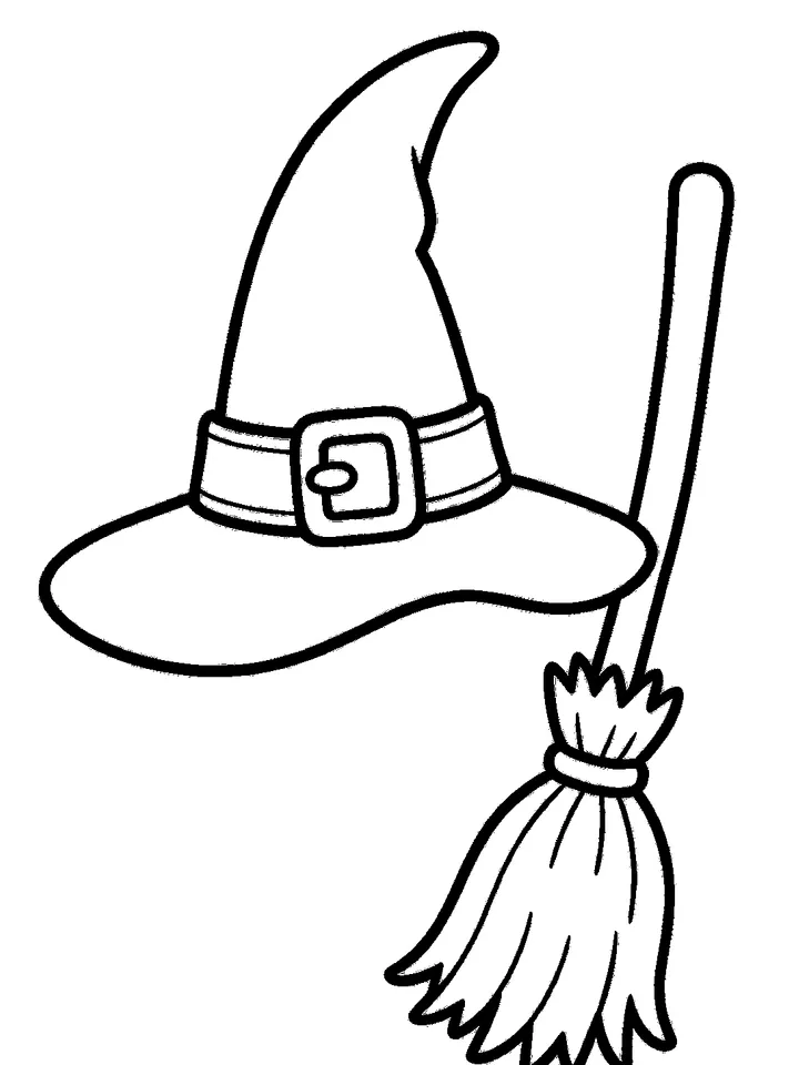 Halloween coloring pages — Witch hat with a buckle and broomstick
