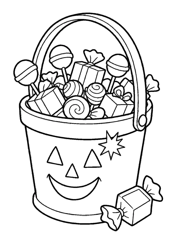 Halloween coloring pages — Trick-or-treat basket full of candy