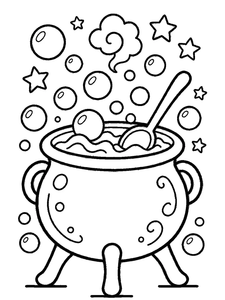 Halloween coloring pages — Bubbling witch cauldron with stars