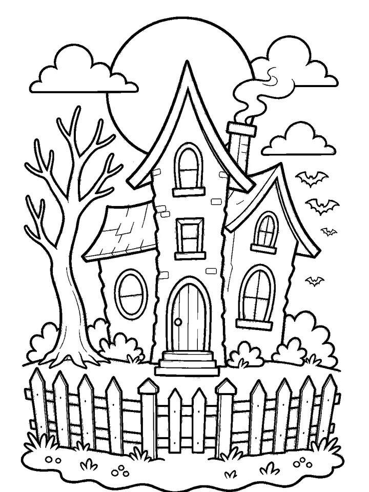 Halloween coloring pages — Haunted house with a full moon