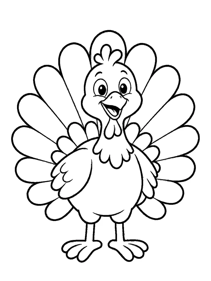 Thanksgiving coloring pages — Happy turkey with fanned tail feathers