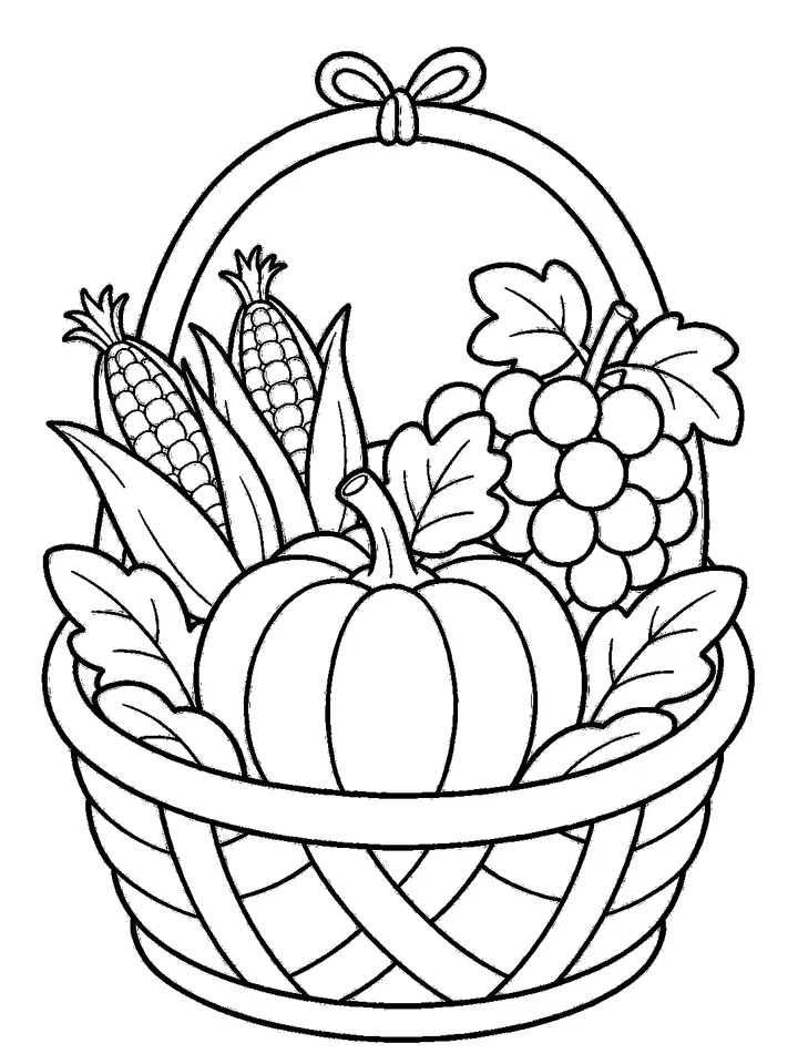 Thanksgiving coloring pages — Harvest basket with pumpkin and corn