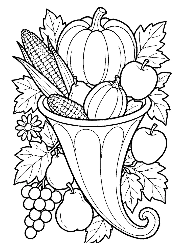 Thanksgiving coloring pages — Cornucopia overflowing with harvest