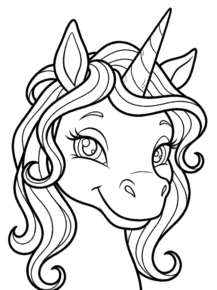 Unicorn coloring pages — Unicorn face with flowing wavy mane