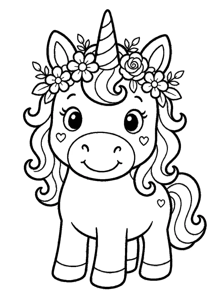Unicorn coloring pages — Unicorn with a flower crown