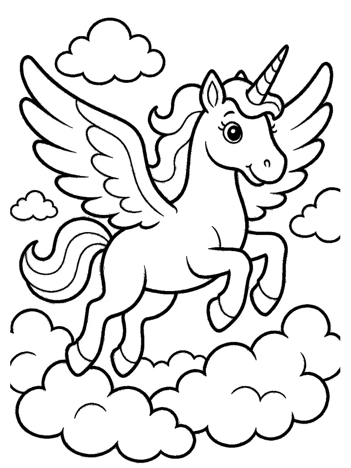 Unicorn coloring pages — Flying unicorn among the clouds