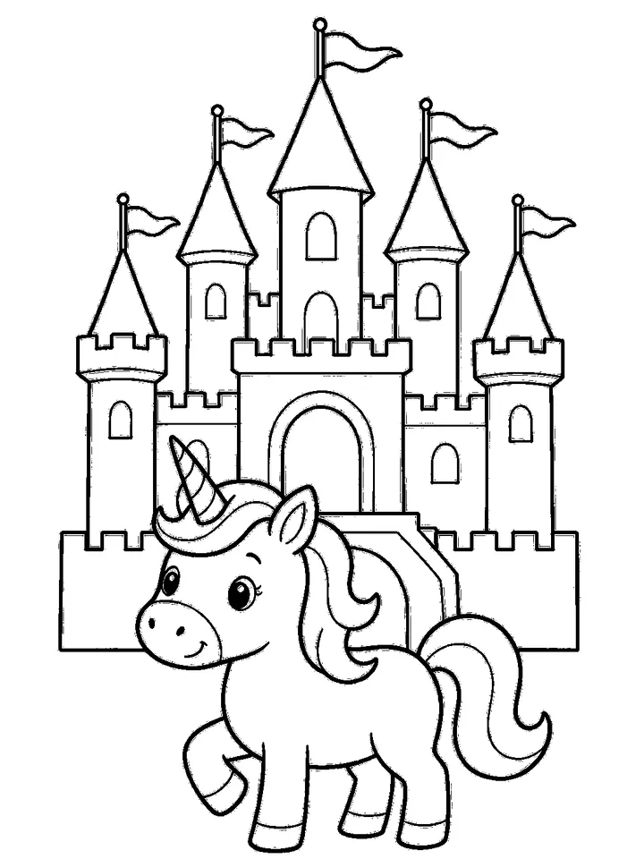 Unicorn coloring pages — Unicorn in front of a fairy castle